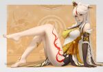  1girl artist_name bangs bare_legs barefoot black_gloves breasts claw_ring commentary dress elbow_gloves english_commentary feet from_side full_body genshin_impact gloves gold_trim hair_ornament hair_stick knee_up large_breasts leaning_back leg_up legs looking_at_viewer looking_to_the_side ningguang parted_bangs parted_lips pelvic_curtain pink_lips red_eyes sciamano240 signature silver_hair smile solo straight_hair tassel thigh_tattoo white_dress 