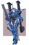  1girl breasts covered_navel dated gun gundam gundam_0080 hair_over_one_eye highres holding holding_gun holding_weapon holstered_weapon horns kampfer_(mobile_suit) large_breasts leotard looking_at_viewer looking_down michi_kuso one_eye_covered open_hand personification signature single_horn skin_tight solo standing weapon 
