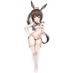  1girl ahoge amiya_(arknights) animal_ear_fluff animal_ears arknights bikini black_bikini blue_eyes breasts brown_hair chinese_commentary commentary_request full_body groin hand_on_hip hand_to_own_mouth highres kuroshiroemaki legs long_hair navel open_mouth ponytail rabbit_ears see-through shirt side-tie_bikini simple_background sleeveless sleeveless_shirt small_breasts smile solo swimsuit thigh-highs thigh_gap thighs white_background white_legwear 