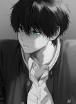  1boy artist_logo bangs black_hair buttons close-up closed_mouth collarbone collared_shirt commentary_request dress_shirt expressionless green_eyes highres hyouka jacket looking_down male_focus mery_(yangmalgage) monochrome oreki_houtarou portrait school_uniform shirt solo spot_color unbuttoned upper_body 