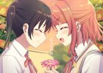  2girls bangs black_hair blurry blurry_background blush bow brown_hair closed_eyes closed_mouth deadnooodles eyebrows_visible_through_hair face facing_another flower from_side gradient_hair green_hair hair_ornament hand_up holding holding_flower love_live! love_live!_nijigasaki_high_school_idol_club multicolored_hair multiple_girls neck_ribbon open_mouth pink_bow pink_flower profile red_ribbon ribbon shirt short_hair takasaki_yuu tearing_up translated uehara_ayumu vest white_shirt yellow_ribbon 
