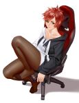  1girl absurdres blush chair collarbone commentary cosplay gaming_chair green_eyes highres hololive hood hoodie jewelry kairunoburogu legs looking_at_viewer mole mole_under_mouth ookami_mio ookami_mio_(cosplay) original pantyhose redhead ring sitting solo toes 