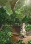  1girl blonde_hair blue_eyes book bow chair dress flower noki_(affabile) original plant scenery shoes solo stairs table tagme tree twintails white_dress 