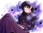  1girl alternate_costume bangs black_hair blunt_bangs blush braid breasts chitanda_eru closed_mouth clothing_request commentary_request expressionless eyebrows_behind_hair floral_print flower hair_ornament hair_over_shoulder hand_on_own_thigh highres hyouka japanese_clothes kimono knees_up large_breasts light_blush long_hair long_skirt long_sleeves looking_at_viewer medium_breasts mery_(yangmalgage) purple_flower purple_skirt shirt_tucked_in single_braid sitting skirt solo violet_eyes 