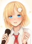  1girl bangs blonde_hair blue_eyes blush collared_shirt commentary hair_ornament heart highres holding holding_microphone hololive hololive_english looking_at_viewer microphone necktie open_mouth parted_bangs red_neckwear shirt short_hair simple_background smile solo symbol_commentary tfqr upper_body virtual_youtuber watson_amelia white_background white_shirt 