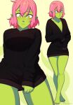  1girl alisa_(razalor) artist_name bangs bare_legs barefoot black_hoodie collarbone colored_skin commentary english_commentary eyebrows_visible_through_hair green_eyes green_skin hair_between_eyes hood hoodie hoodie_tug long_sleeves multiple_views no_pants pink_hair pointy_ears razalor short_hair simple_background sleeves_past_wrists yellow_background 