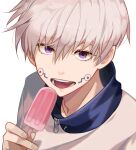  1boy bangs facial_tattoo food hair_between_eyes holding holding_food inumaki_toge jujutsu_kaisen looking_at_viewer male_focus open_mouth peach_luo popsicle shirt short_hair silver_hair simple_background solo tattoo tongue_tattoo upper_body violet_eyes white_background white_shirt zipper 