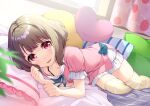  1girl :d bangs bed blanket blush bon_(bonbon315) breasts brown_hair collarbone commentary_request curtains dutch_angle feet_out_of_frame frilled_pillow frills green_ribbon heart heart_pillow indoors looking_at_viewer lying on_bed on_side open_mouth original pajamas pillow pink_eyes pink_pajamas ribbon shiny shiny_hair short_hair short_sleeves skindentation small_breasts smile solo striped striped_legwear thigh-highs yellow_legwear 