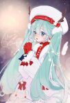  1girl angel_wings antlers aqua_eyes aqua_hair beret blurry bokeh christmas_lights commentary depth_of_field dress fur-trimmed_dress fur_trim gloves hands_together hat hatsune_miku highres horned_headwear large_hat long_hair merry_christmas nishina_hima open_mouth red_gloves reindeer_antlers sketch smile solo twintails very_long_hair vocaloid white_dress white_headwear wings 