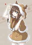  1girl :3 ahoge alternate_costume blue_eyes blush braid brown_background brown_capelet brown_hair capelet cocax_x cowboy_shot from_side fur-trimmed_capelet fur_trim hair_flaps hair_ornament hair_over_shoulder heart highres hood hooded_capelet kantai_collection looking_at_viewer remodel_(kantai_collection) shigure_(kantai_collection) simple_background smile solo thigh-highs twitter_username white_legwear 