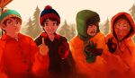  4boys ^_^ beanie blonde_hair brown_hair closed_eyes commentary day english_commentary eric_cartman facing_viewer hat highres kenny_mccormick kyle_broflovski laughing looking_at_another looking_at_viewer male_focus middle_finger multiple_boys ok_sign outdoors penetration_gesture pine_tree south_park stan_marsh tree tuooneo upper_body winter_clothes 
