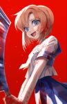  1girl absurdres blood bloody_hands bloody_weapon blue_eyes blue_skirt crying crying_with_eyes_open eyebrows_visible_through_hair highres higurashi_no_naku_koro_ni holding_hatchet open_mouth orange_hair pleated_skirt red_background rin_(rin7kan7) ryuuguu_rena sad_smile sailor_collar sailor_shirt school_uniform shirt short_sleeves skirt solo tears weapon 