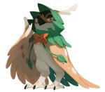  bird bluekomadori closed_mouth commentary decidueye english_commentary from_below full_body gen_7_pokemon grey_background half-closed_eyes looking_at_viewer no_humans owl pokemon pokemon_(creature) solo standing talons yellow_eyes 