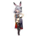  1girl animal_ear_fluff animal_ears arknights bikini black_bikini black_dress black_gloves black_legwear breasts chinese_commentary commentary_request dress finger_to_mouth frostnova_(arknights) full_body gloves groin hair_ornament hair_over_one_eye hairclip hand_on_hip hand_to_own_mouth highres kuroshiroemaki legs navel open_clothes open_dress rabbit_ears red_eyes see-through short_hair side-tie_bikini silver_hair simple_background sleeveless sleeveless_dress small_breasts smile solo swimsuit thigh-highs thigh_gap thighs tongue tongue_out white_background 