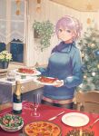  1girl alcohol anbe_yoshirou aqua_eyes black_legwear bottle cable_knit champagne champagne_flute christmas christmas_tree cup drinking_glass flower food highres holding holding_plate indoors knife legwear_under_shorts looking_at_viewer meat medium_hair original pantyhose pizza pizza_cutter plant plate potted_plant salad short_shorts shorts silver_hair snow_globe solo sweater table window 