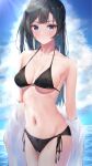  1girl absurdres bangs bikini black_bikini black_eyes black_hair blue_sky breasts clouds cowboy_shot highres long_hair looking_at_viewer love_live! love_live!_nijigasaki_high_school_idol_club medium_breasts navel one_side_up side-tie_bikini sky solo standing swimsuit tanaka212 yuuki_setsuna_(love_live!) 