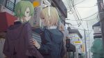  2girls black_jacket blonde_hair blue_eyes blue_jacket bow commentary from_behind green_eyes green_hair gumi hair_bow hand_on_another&#039;s_shoulder highres hood hooded_jacket jacket kagamine_rin looking_back multiple_girls outdoors power_lines road short_hair street tree urban utility_pole vocaloid white_bow wounds404 