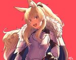  1girl animal_ears arknights armor bangs black_cape blemishine_(arknights) blonde_hair breastplate cape commentary_request dated fur_trim horse_ears kawaii_inu5 long_hair looking_at_viewer open_mouth pauldrons ponytail red_background shoulder_armor simple_background smile solo upper_body upper_teeth vambraces yellow_eyes 