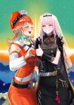  absurdres alternate_costume crown hand_gesture hat highres hololive hololive_english meme mori_calliope multicolored_hair orange_hair pink_hair robe smile sunrise suteja takanashi_kiara two-tone_hair 