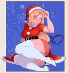  1girl animal_costume animal_head belt belt_buckle blonde_hair blue_eyes blush boots breasts buckle calgary_callie embarrassed eyebrows_visible_through_hair eyeliner hat high_heel_boots high_heels highres lipstick long_hair looking_at_viewer makeup nyantcha original ornament santa_costume santa_hat smile solo thick_thighs thigh-highs thighs v wristband 