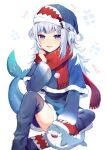  1girl adapted_costume bangs bloop_(gawr_gura) blue_eyes blue_hair blunt_bangs capelet christmas english_commentary eyebrows_behind_hair fangs fish_tail fur_trim gawr_gura hat hololive hololive_english long_hair multicolored_hair open_mouth petting red_scarf santa_hat satchely scar scarf shark shark_tail silver_hair sitting smile solo streaked_hair tail thigh-highs virtual_youtuber white_background 