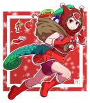  1girl acesrulez adapted_costume bare_shoulders bike_shorts blush boots christmas color_switch fur_trim gift_bag gloves green_hair high_ponytail hood hoodie kemono_friends lizard_girl lizard_tail looking_at_viewer ninja panther_chameleon_(kemono_friends) pleated_skirt red_eyes red_footwear red_gloves red_skirt santa_costume shorts shorts_under_skirt skirt sleeveless solo tail white_fur 