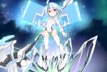  1girl absurdres ahoge bare_shoulders blush breasts elbow_gloves gloves hair_between_eyes highres holding holding_weapon huge_filesize leotard light_blue_hair looking_at_viewer neptune_(series) power_symbol red_eyes shimeji_wyvern short_hair_with_long_locks small_breasts smile solo symbol-shaped_pupils thigh-highs weapon white_gloves white_heart white_leotard 