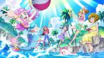  5girls :d absurdres arm_up ball barefoot beachball belt blue_eyes blue_hair blue_pants bow bracelet brown_hair choker creature dress frills glasses green_eyes green_shorts hair_bow happy highres ichinose_minori jewelry kururun_(precure) laura_la_mer long_hair mermaid midriff monster_girl multiple_girls nakatani_yukiko natsuumi_manatsu navel official_art open_mouth outdoors palm_tree pants pink_bow pink_shirt playing precure purple_hair purple_shirt purple_skirt redhead sandals shirt short_hair shorts sitting skirt sleeveless sleeveless_shirt smile star_(symbol) suzumura_sango swimming takizawa_asuka thick_eyebrows tree tropical-rouge!_precure twintails water white_shirt yellow_bow yellow_dress 