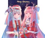  2girls bangs blue_hair blunt_bangs box capelet christmas commentary dress fur-trimmed_capelet fur-trimmed_headwear fur-trimmed_sleeves fur_trim gift gift_box hair_ribbon hairband hat highres holding holding_gift kotonoha_akane kotonoha_aoi long_hair looking_at_viewer merry_christmas multiple_girls night night_sky open_mouth pillarboxed pink_eyes pink_hair red_capelet red_dress red_headwear red_ribbon ribbon santa_costume santa_dress santa_hat siblings sisters sky smile ten_(cherry61897) upper_body very_long_hair voiceroid 