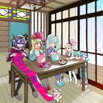  6+girls :d aqua_hair aqua_nails aqua_sweater belt_collar biburi_(precure) blonde_hair blue_eyes blue_hair blue_kimono blush_stickers bow_hairband bowl bright_pupils cardigan chair character_request choker closed_eyes collar collarbone commentary_request dress english_text eyebrows_visible_through_hair facepaint fingernails fur-trimmed_footwear grey_footwear hair_between_eyes hairband headdress heart holding horns indoors japanese_clothes kimono kirakira_precure_a_la_mode knees_together_feet_apart knitting knitting_needle lamp lampshade leaning_forward long_fingernails long_hair looking_at_another monster_rally multiple_girls nail_polish needle off-shoulder_sweater off_shoulder open_mouth outstretched_arm overalls pekorin_(precure) pink_hair precure purple_collar purple_dress purple_hair purple_sweater red_choker red_footwear red_hairband sewing_machine shirt short_hair sidelocks sitting sliding_doors slippers smile socks stained_glass striped striped_kimono sweater sweater_dress table thigh-highs tiptoes white_pupils white_shirt wings wooden_floor yarn yarn_ball 