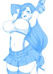  1girl absurdres armpits arms_up blue_theme breasts crop_top earrings elbow_pads final_fantasy final_fantasy_vii final_fantasy_vii_remake gloves happy highres jewelry large_breasts long_hair looking_at_viewer low-tied_long_hair midriff monochrome navel one_eye_closed open_mouth pencil_skirt shirt skirt smile solo sports_bra stretch suspender_skirt suspenders tank_top taut_clothes taut_shirt tifa_lockhart whoosaku 