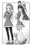  1girl 2girls animal_on_head antlers bird blunt_ends capelet christmas closed_mouth collared_dress commentary_request dress fake_antlers fur-trimmed_capelet fur-trimmed_footwear fur_trim garters gloves greyscale hat heel_up highres holding holding_sack kusano_kouichi light_smile long_hair long_sleeves looking_at_viewer monochrome multiple_girls neck_ribbon on_head open_mouth original outside_border over_shoulder pantyhose penguin reindeer_antlers ribbon sack santa_costume santa_dress santa_gloves santa_hat shoes short_dress smile solo standing straight_hair thigh-highs weasel 