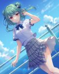  1girl bangs blue_neckwear blue_ribbon blue_sky bow bowtie closed_mouth clouds commentary_request day double_bun eyebrows_visible_through_hair green_hair grey_skirt hair_ornament hair_ribbon highres hololive looking_at_viewer mikami_(mcm_ncb) ocean outdoors plaid plaid_skirt pleated_skirt red_eyes ribbon shirt short_hair short_sleeves skirt skull_hair_ornament sky smile solo standing uruha_rushia virtual_youtuber white_shirt 
