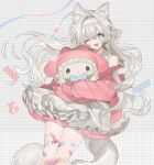  :3 ;d animal_ear_fluff animal_ears bandaid bandaid_on_knee bandaid_on_leg bangs bare_shoulders blue_bow blue_eyes bow dress eyebrows_visible_through_hair grey_background grey_hair hair_between_eyes hair_bow hairband heart hug jacket layered_dress long_hair looking_at_viewer lunch_(lunchicken) my_melody off_shoulder one_eye_closed onegai_my_melody open_clothes open_jacket open_mouth original pink_jacket pleated_dress sleeveless sleeveless_dress smile tail very_long_hair white_bow white_dress white_hairband 