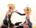  1boy 1girl aqua_nails backlighting bare_shoulders belt black_shorts black_sleeves blonde_hair bodysuit bow closed_eyes commentary d_futagosaikyou detached_sleeves from_side grey_shorts hair_bow hand_kiss headphones highres kagamine_len kagamine_len_(append) kagamine_rin kagamine_rin_(append) kiss leg_warmers looking_at_another nail_polish protected_link see-through_sleeves seiza short_hair short_ponytail shorts sitting speaker spiky_hair taking_another&#039;s_hand vocaloid vocaloid_append white_bodysuit white_bow 