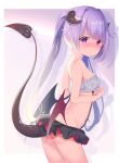  1girl ass bangs bare_arms bare_shoulders black_skirt black_wings blush breasts closed_mouth commentary_request curled_horns demon_girl demon_horns demon_tail demon_wings eyebrows_visible_through_hair from_side hair_intakes heterochromia horns long_hair looking_at_viewer looking_to_the_side miniskirt mismatched_wings nose_blush original pleated_skirt purple_hair red_wings sidelocks skirt small_breasts solo standing strapless tail tail_raised twintails usagimiko very_long_hair violet_eyes white_bandeau wings 