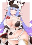  1girl :o animal_ears animal_print blue_hair breasts commentary_request cow_ears cow_girl cow_hood cow_horns cow_print detached_sleeves draph ear_piercing eyebrows_visible_through_hair granblue_fantasy highres horns large_breasts long_hair looking_at_viewer navel piercing shatola_(granblue_fantasy) sheer_clothes short_shorts shorts solo thigh-highs thighs violet_eyes white_legwear white_shorts yukibi_shirube 