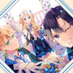  1girl 2boys :d absurdres alice_zuberg blonde_hair blue_bow blue_eyes blue_neckwear blue_ribbon bow closed_mouth dress eugeo fingernails green_eyes hair_ribbon highres kirito long_hair looking_at_viewer multiple_boys one_eye_closed open_mouth reaching_out ribbon smile sword_art_online sword_art_online:_alicization v vest violet_eyes white_background yuan_haruka 