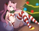  1girl animal_ear_fluff animal_ears bikini blush cat_ears christmas christmas_tree commentary elbow_rest english_commentary extra_ears flat_chest foot_out_of_frame front-tie_bikini front-tie_top fur-trimmed_legwear fur_trim green_eyes green_scarf highres knees_up long_hair looking_at_viewer merry_christmas navel nyatrix original pink_hair plaid plaid_scarf pom_pom_(clothes) red_bikini sack scarf side-tie_bikini slippers solo striped striped_legwear swimsuit thigh-highs 