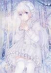  blue_eyes blush coat colored_pencil_(medium) darkkanan eyebrows_visible_through_hair eyes_visible_through_hair forest frills graphite_(medium) hairband highres lolita_hairband long_hair looking_at_viewer nature original outdoors scarf sidelocks snow snowing standing thigh-highs thighs traditional_media tree watercolor_(medium) white_coat white_hair white_legwear white_scarf winter winter_clothes winter_coat 