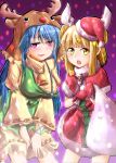  2girls animal_costume apron arm_ribbon bangs bell blonde_hair blue_hair blunt_bangs capelet commentary_request cowboy_shot dress eyebrows_visible_through_hair fur_trim gloves green_apron hair_ribbon haniwa_(statue) haniyasushin_keiki hat highres jewelry joutouguu_mayumi long_hair looking_at_viewer multiple_girls necklace open_mouth oshiaki purple_hair red_capelet red_dress red_gloves reindeer_costume ribbon sack santa_costume santa_hat smile touhou upper_teeth yellow_dress yellow_eyes 