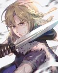  artist_name blonde_hair blurry blurry_background braid brown_gloves clivenzu closed_mouth commentary commission copyright_request english_commentary fingernails fur_trim glint gloves holding holding_sword holding_weapon hood hood_down looking_at_viewer medium_hair partially_fingerless_gloves short_sword solo sword upper_body violet_eyes weapon 