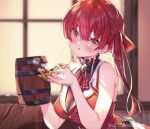  1girl bangs blush breasts cup eating food heterochromia highres hololive houshou_marine large_breasts long_hair looking_at_viewer mug pizza red_eyes redhead ribbon shuri_(84k) smile solo twintails virtual_youtuber yellow_eyes 