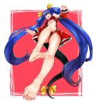 1girl alternate_color ass_visible_through_thighs asymmetrical_wings bare_shoulders barefoot bikini black_collar blue_hair breasts collar dizzy_(guilty_gear) eiji_(eiji) feet from_below guilty_gear large_breasts long_hair long_sleeves looking_at_viewer nail_polish navel open_mouth red_background red_eyes red_nails ribbon smile soles solo swimsuit tail toenail_polish toenails toes under_boob wings yellow_ribbon 