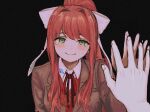  1girl black_background blazer bow brown_jacket commentary crying crying_with_eyes_open doki_doki_literature_club english_commentary film_grain glitch green_eyes hair_bow hand_on_glass highres jacket long_hair looking_at_viewer monika_(doki_doki_literature_club) necktie ponytail reaching_out red_neckwear redhead renshu_usodayo school_uniform sidelocks simple_background smile solo tears upper_body white_bow 