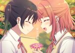 2girls bangs black_hair blurry blurry_background blush bow brown_hair closed_eyes closed_mouth deadnooodles duplicate eyebrows_visible_through_hair face facing_another flower from_side gradient_hair green_hair hair_ornament hand_up holding holding_flower love_live! love_live!_nijigasaki_high_school_idol_club multicolored_hair multiple_girls neck_ribbon open_mouth pink_bow pink_flower profile red_ribbon ribbon shirt short_hair symbol_commentary takasaki_yuu tearing_up translated uehara_ayumu vest white_shirt yellow_ribbon