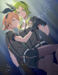  2girls black_bow black_gloves black_shorts blonde_hair blue_eyes bow cable chain commentary gloves green_eyes green_hair grey_shirt gumi hair_bow headphones highres holding_hands kagamine_rin matching_outfit multiple_girls pantyhose shirt short_sleeves shorts spotlight suspender_shorts suspenders vocaloid wounds404 