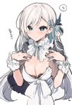  1girl ? blue_bow blue_eyes blush bow breasts capelet hair_bow hands_up highres ikeuchi_tanuma large_breasts long_hair looking_at_viewer original parted_lips simple_background solo spoken_question_mark translation_request upper_body white_background white_hair wristband 