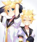  2boys arm_warmers arms_behind_head arms_up artist_name black_collar blonde_hair blue_eyes blush collar commentary dual_persona ei_flow english_commentary facing_viewer grin height_difference kagamine_len looking_at_viewer male_focus multiple_boys necktie sailor_collar school_uniform shirt short_ponytail short_sleeves smile spiky_hair vocaloid white_background white_shirt yellow_neckwear 