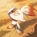  alaspargus closed_mouth commentary creature day english_commentary frown full_body gen_8_pokemon grass no_humans outdoors pokemon pokemon_(creature) rabbit scorbunny shadow solo standing sunlight 
